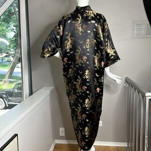Plants 100% Silk Mid Length Black Dragon Double Pocket Robe Duster Unisex Coat